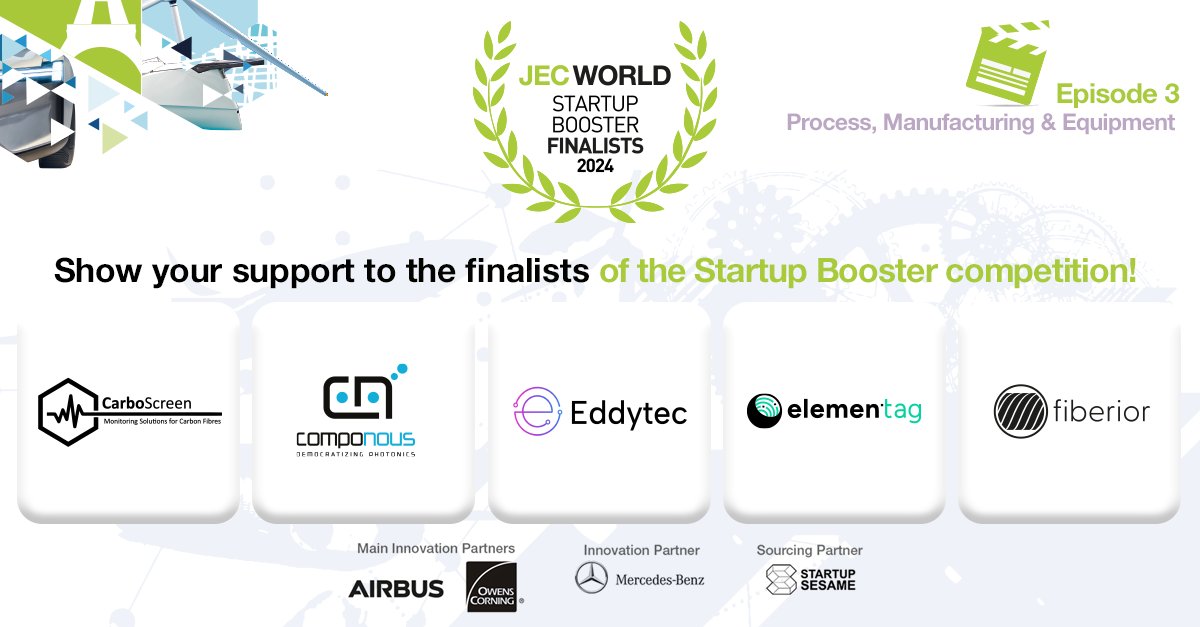 JECComposites's tweet photo. [JEC WORLD – STARTUP BOOSTER] 
 
Get to know 5 of the startups finalists: 
- CARBOSCREEN 
- COMPONOUS 
- EDDYTEC 
- ELEMENTAG 
- FIBERIOR 

https://t.co/L8iHHSjjJY 
 
#JECWorld #JECStartupBooster #Compositesengineering #AdvancedMaterials https://t.co/hJFnYTa7v8
