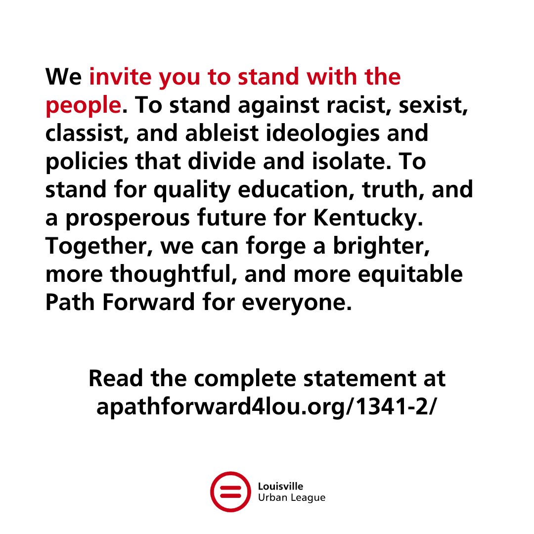 The Louisville Urban League, Jefferson County Public Schools, and supporters of A Path Forward invite you to read the following Response to the Anti-DEI Movement. Sign the letter to show your support and share it with your networks. apathforward4lou.org/1341-2
