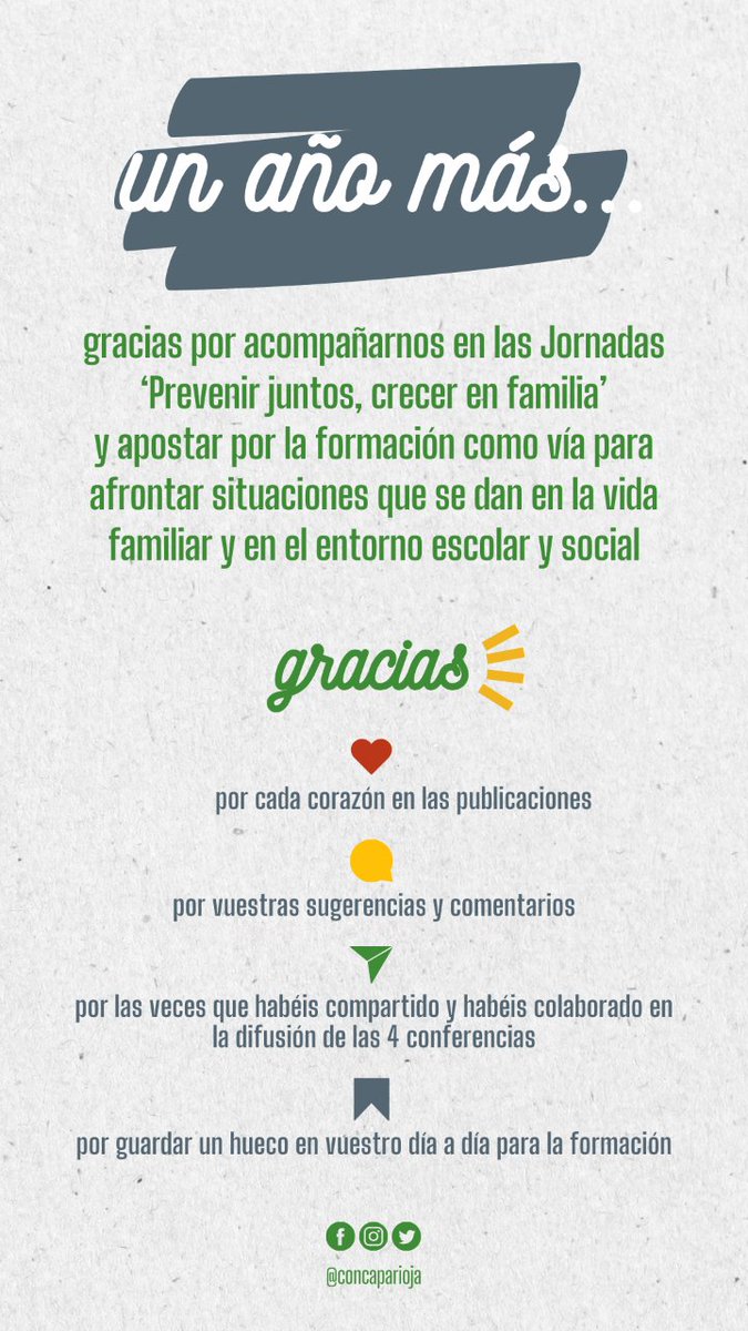 #Gracias 💚 El pasado jueves finalizamos el ciclo de conferencias 'Prevenir juntos, crecer en familia' y queremos trasladar nuestro agradecimiento a todas las familias que nos han acompañado durante las 4 conferencias desarrolladas con la colaboración del Ayuntamiento de Logroño.