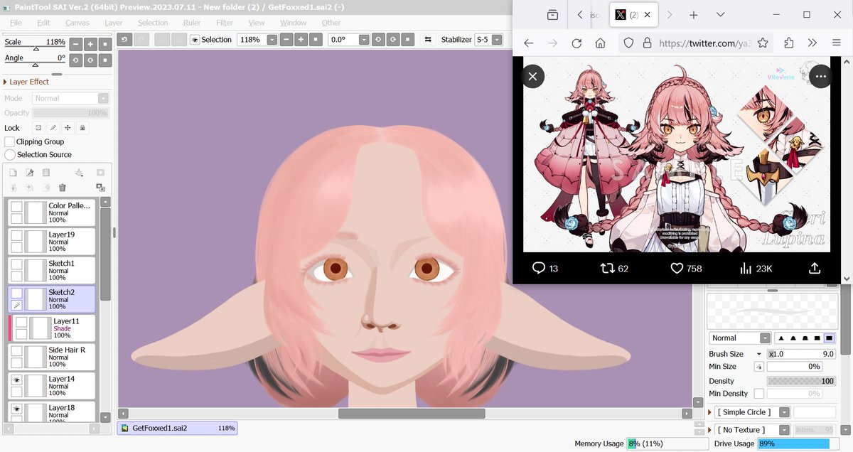 Nothing much to say here. Just a progress shot of a piece centered around now-graduated vtuber @/cherivreverie and the model she had. For reasons, I've been splitting things to separate layers, with the current count being over 80. We'll see how far this madness goes.