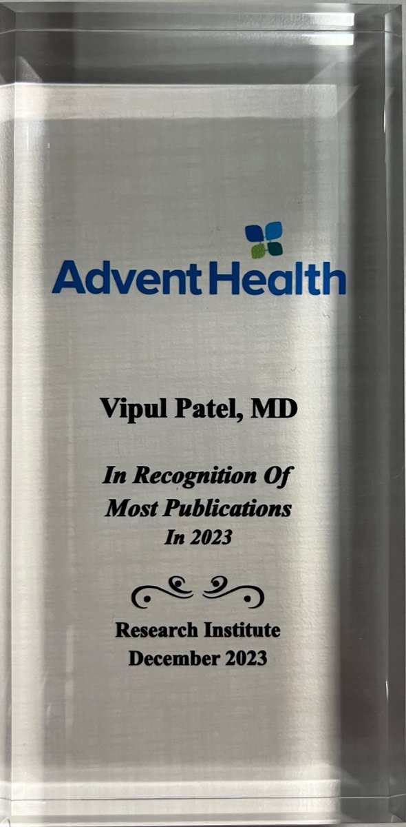 Congratulations to Dr. Patel and his supportive team who received this award by the AdventHealth Research Institute for having the most publications in 2023! This is the second consecutive year that he has received this award!