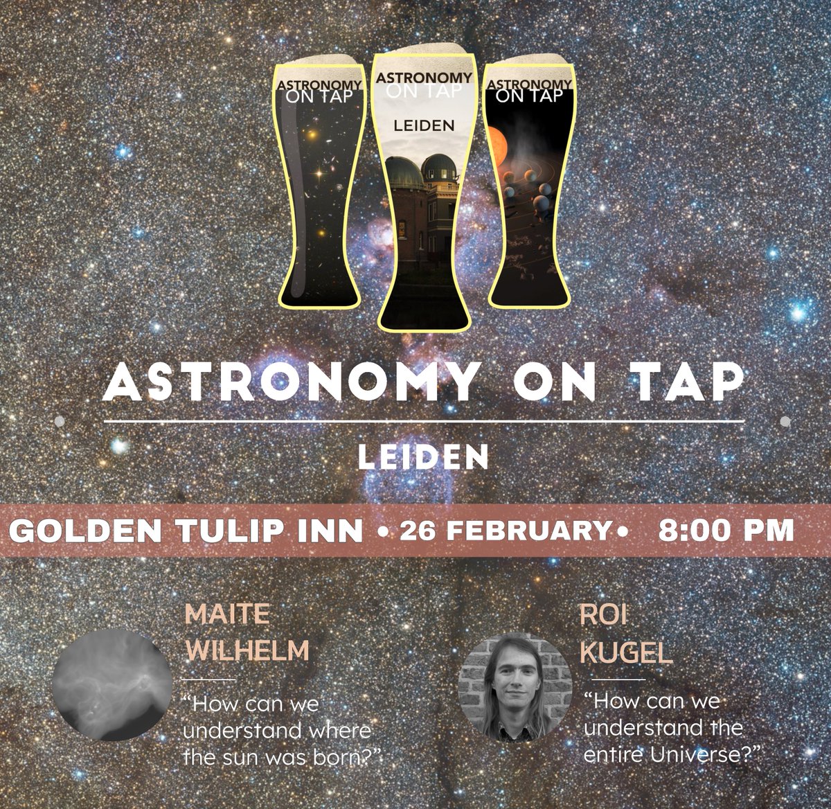 Join us Monday 26th February for a night of astronomy with two fantastic talks from Maite Wilhelm and Roi Kugel, who will tell us about big astronomical simulations to understand the secret of the cosmos, ranging from planet and star formation to clusters of galaxies.
 #AoTLeiden