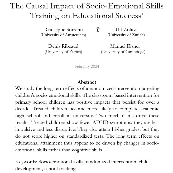 Socio-emotional skills training in primary school boosts educational careers. To find out more, check out this new paper from @giu_sorrenti, @uZoelitz, @denis_ribeaud and Eisner (@zproso, @JacobscenterUZH): restud.com/the-causal-imp…