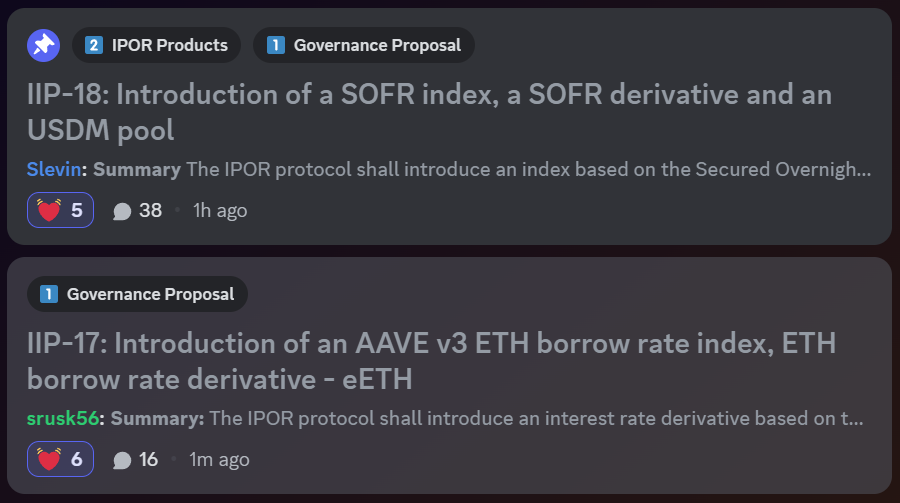 ipor_io's tweet photo. ⚠️ There are currently 2 proposals being discussed in #IPOR's governance channel on Discord.

🔸 #IIP17 - Launching an IPOR AAVE v3 ETH borrow rate index, an $eETH pool &amp; swaps. @EtherFi #LRT

🔸 #IIP18 - Launching an IPOR #SOFR index, an $wUSDM pool &amp; $USDM swaps. @MountainUSDM https://t.co/JIA0pSCjSy