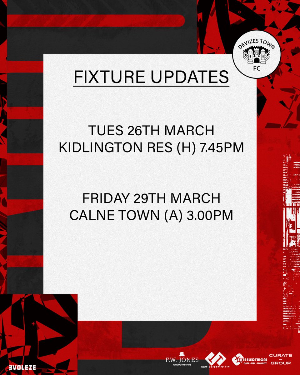 FIXTURE CHANGES We have had some fixture updates due to recent postponements causing some fixture congestion for Kidlington Reserves We have also agreed with neighbours Calne Town to move our fixture originally put in for a Tuesday night, to Good Friday 29th March 🔴⚪️