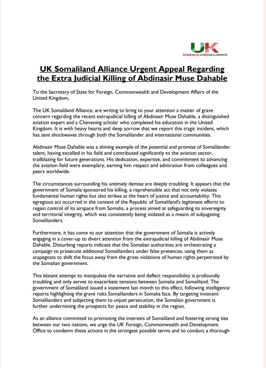 Urgent Open letter to the Secretary of State for Foreign Commonwealth and Development Affairs of the United Kingdom <a href="/David_Cameron/">David Cameron</a> regarding the Extrajudicial killing of Abdinasir Muse Dahable . 

We extend our heartfelt condolences to his family and the people of the Somaliland.