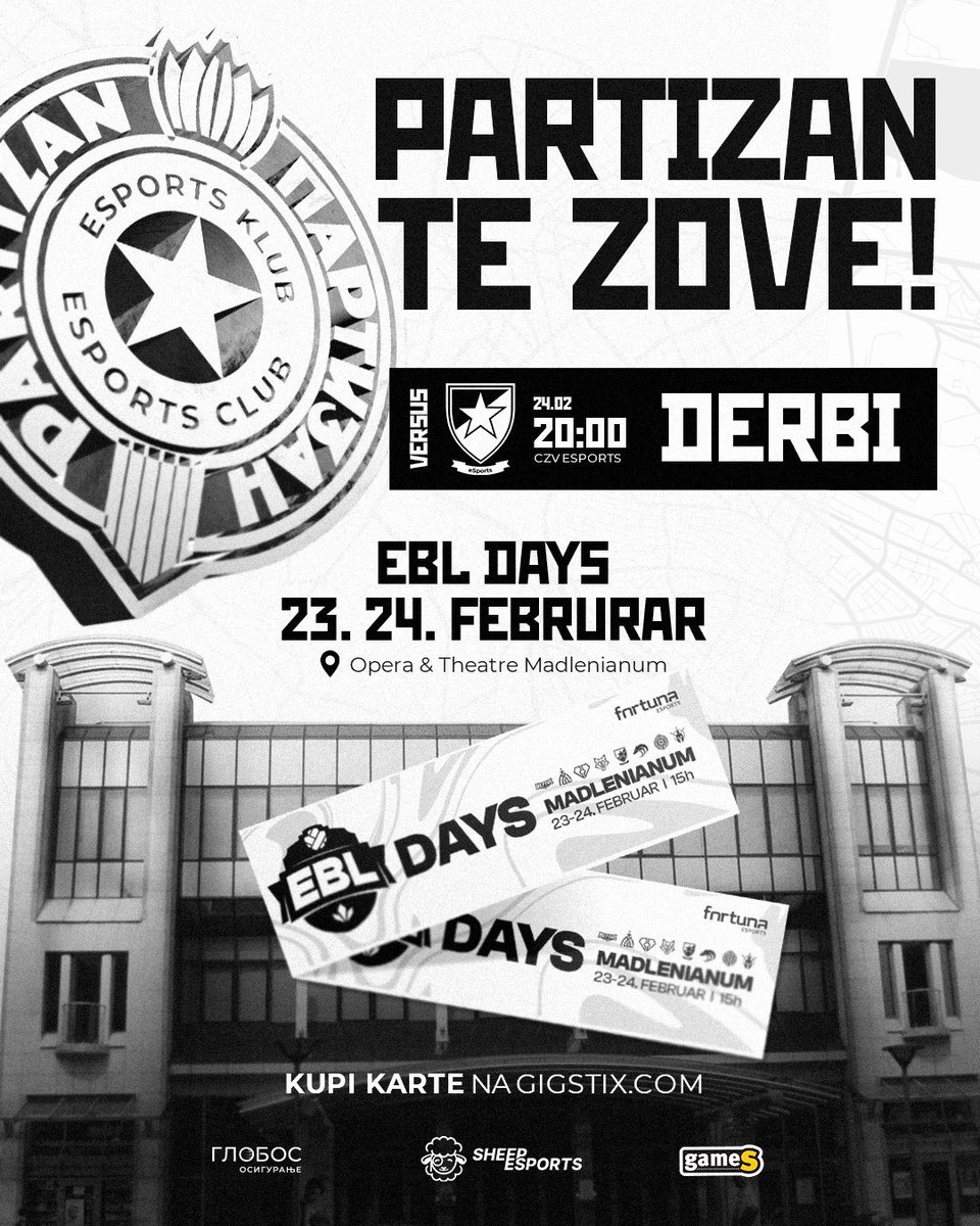 esportspartizan's tweet photo. PRVI ESPORTS VEČITI DERBI IKADA KOJI MOŽETE DA GLEDATE UŽIVO! Budi deo istorije. 🔥

Podržite naše momke u toku EBL Days-a u petak i subotu, kada ćemo pokušati da povratimo sezonu koja je počela loše za naš klub. Sala Madlenianum u Zemunu. 

O eventu i online prodaji ulaznica 👇 https://t.co/s8JzrWwem1