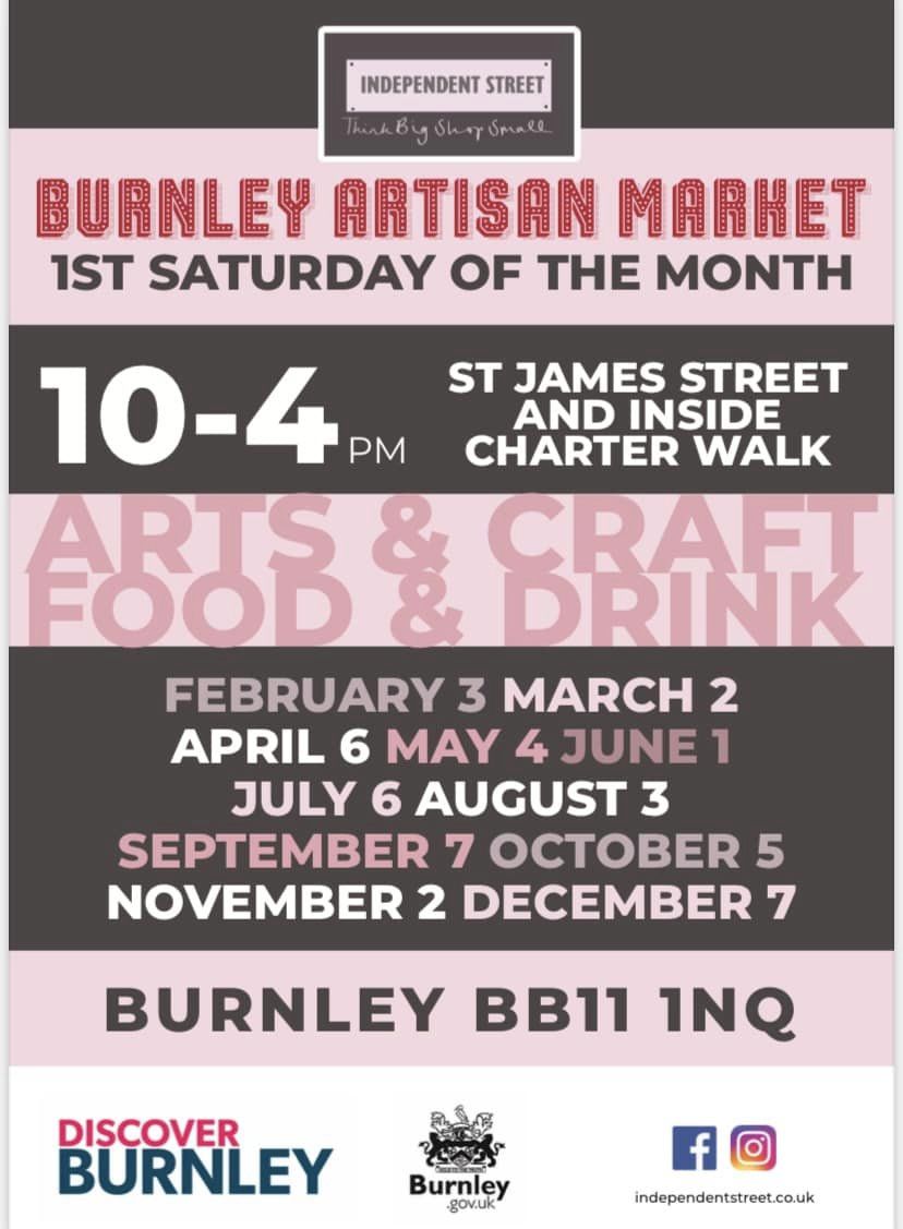 Another date for your diary! 🗓️ The @_independentst #Burnley Artisan Market is back on St James's Street and in @charterwalk from 10-4 on Saturday 2nd March. If you love local produce, homemade gifts, handmade items and live music, then make sure you come along!