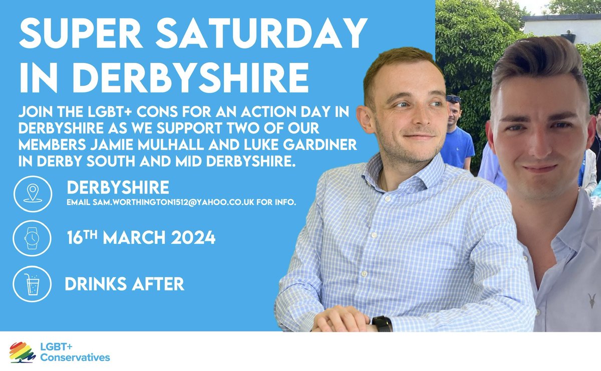 Join us for an Action Day in Derby and Derbyshire as we support two of our members - Luke Gardiner and @Jmullers93 - as they stand to be the next @Conservatives MPs for Mid Derbyshire and Derby South. 📍Derby & Derbyshire 📆 16th March 📧 Email Sam Worthington (See below)