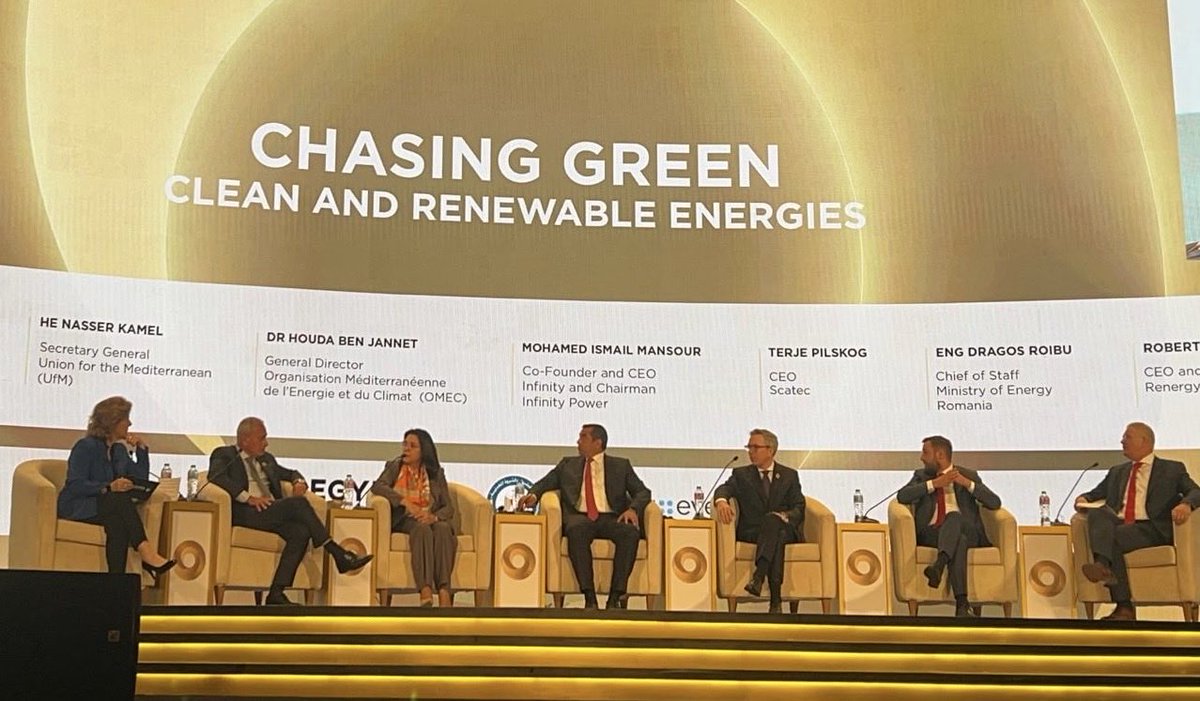 It was a great pleasure taking part to the discussion on chasing green, clean and Renewable energies with Amb. kamel Nasser <a href="/UfMSecretariat/">Union for the Mediterranean</a>, Eng Dragos Roibu, Min. of Energy, Romania, <a href="/RenergyGroup/">Renergy Group</a> Robert Valk, <a href="/TerjePilskog/">Terje Pilskog</a> and Mohamed Ismail Mansour, Infinity Power at #Egypes