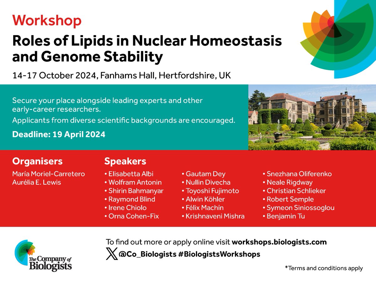 Apply for your funded early-career researcher place at our Workshop on 'Roles of Lipids in Nuclear Homeostasis and Genome Stability' organised by Aurélia Lewis @lewis_aurelia & María Moriel-Carretero @MorieLAB. Find out more and apply at bit.ly/493Cwkt