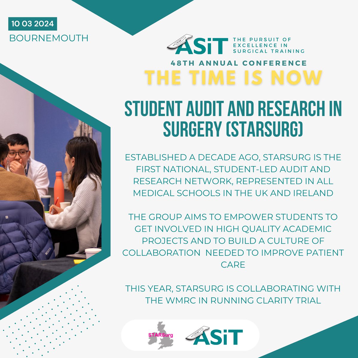 We’re pleased to have the STARSurg committee and alumni @RohanGujjuri @kennethmclean92 @DrJamesGlasbey joining us at #ASiT2024 to deliver GRANULE! Since it’s inception a decade ago, @STARSurgUK has empowered students in leading multicentre studies that have been published in…