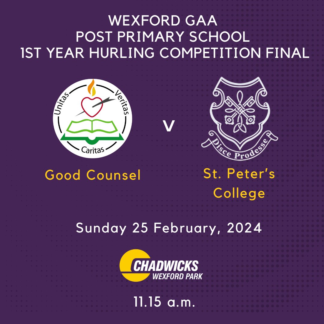 JJ Doyle (@jjdoyle1) on Twitter photo Before the <a href="/OfficialWexGAA/">Wexford GAA</a> V's <a href="/GaaClare/">Clare Gaa</a> senior hurling game next Sunday at 11.15am we have the final of our <a href="/wexgaacoaching/">Wexford GAA Coaching & Games</a> 1st year hurling competition between <a href="/StPetersWexford/">St. Peter's College</a> & <a href="/GCC_NewRoss/">Good Counsel College</a> come along early and see our future stars on show #hurlawayeveryday 💜💛 Before the <a href="/OfficialWexGAA/">Wexford GAA</a> V's <a href="/GaaClare/">Clare Gaa</a> senior hurling game next Sunday at 11.15am we have the final of our <a href="/wexgaacoaching/">Wexford GAA Coaching & Games</a> 1st year hurling competition between <a href="/StPetersWexford/">St. Peter's College</a> & <a href="/GCC_NewRoss/">Good Counsel College</a> come along early and see our future stars on show #hurlawayeveryday 💜💛