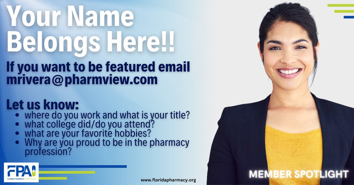 We want to feature you! Send us the required information below so that we can showcase your greatness.

#floridapharmacyassociation #memberspotlight #FPAlovesitsmembers