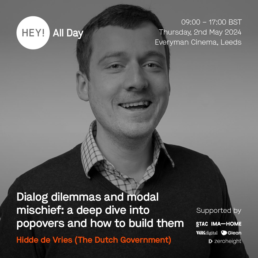 Happy to welcome Hidde de Vries to All Day Hey! 2024 @hdv is a front-end and accessibility specialist, working in the NL Design System team at the Dutch government. He's also involved in the W3C’s Open UI Community Group and CSS Working Group. Tickets: heypresents.com/conferences/20…