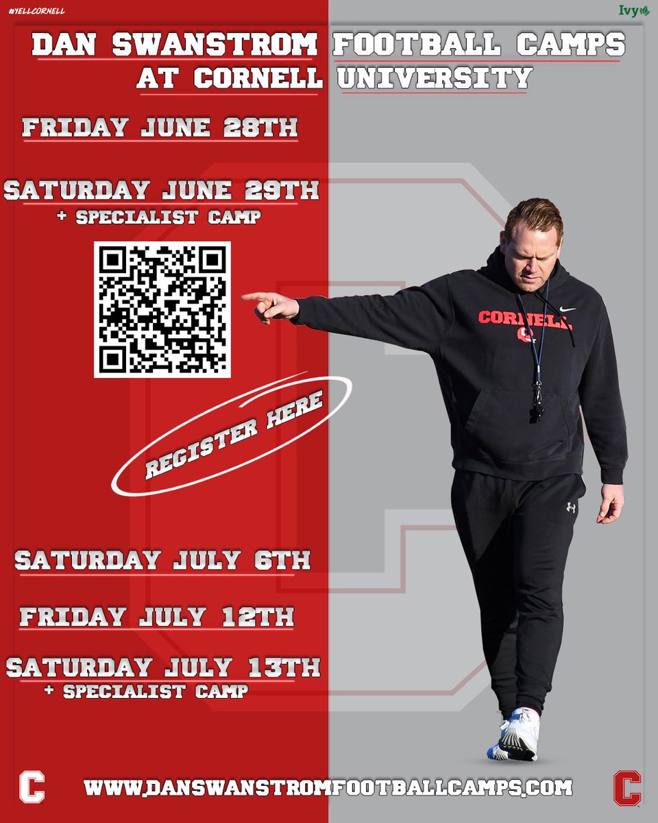 Camp registration is live! Scan code below or visit danswanstromfootballcamps.com to register! CU at the Ultimate Collegetown this summer‼️🐻 #YellCornell