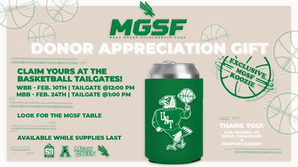 UNTMGAF's tweet photo. @MeanGreenMBB TAILGATE THIS WEEK 👀👀
Saturday, Feb. 24th | 1:00 PM | Outside Gate A
🟢 Free food
🟢 DJ
🟢 Community Vendors
🟢 Exclusive MGSF Donor Koozies
🟢 & More!
#GMG 🦅🏀 https://t.co/uKeQ9UCaNf