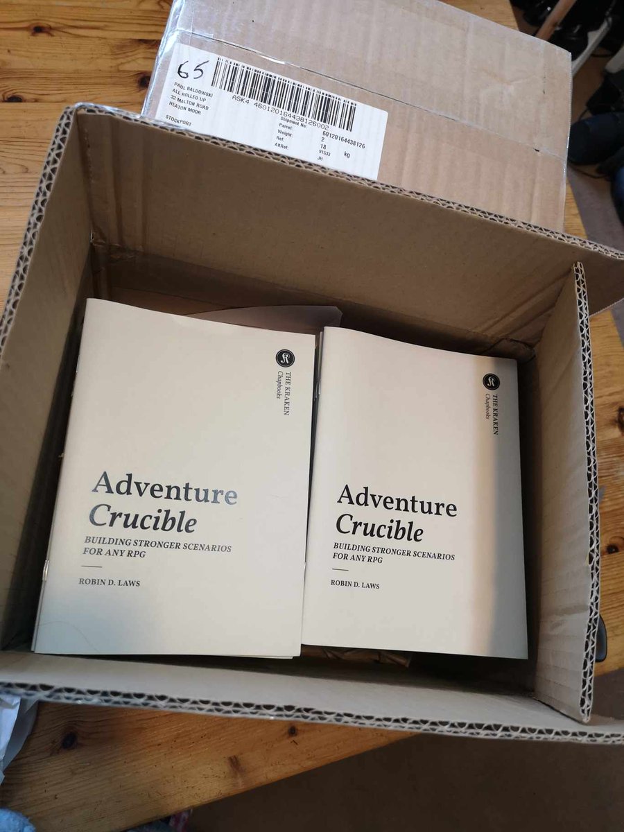 Our Chapbook 'Adventure Crucible' by @RobinDLaws is back in stock at @AllRolledUpUK and internationally available. It is  now cheaper due to a bigger 2nd printrun (only 12.00 GBP instead of  19.99 GBP)! It comes with a free PDF: tinyurl.com/f8kddzrc