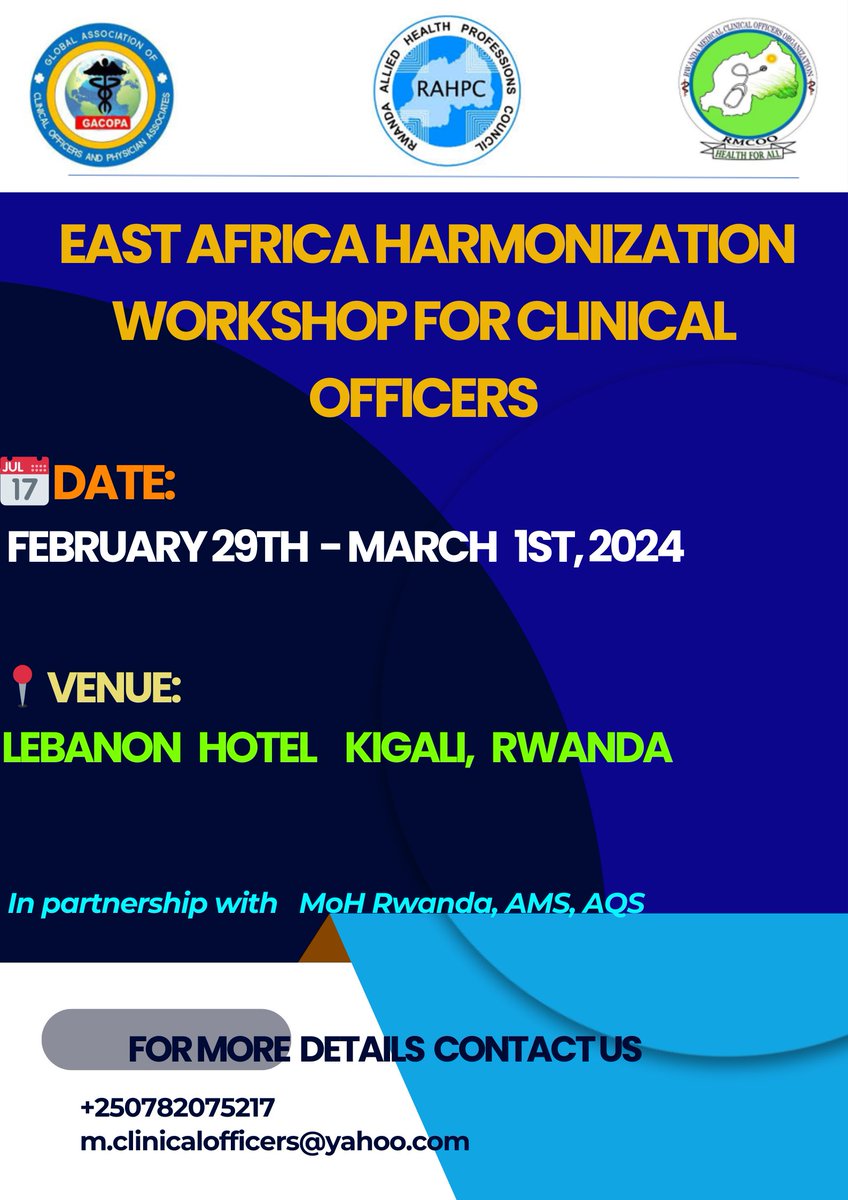 📢 Exciting News! Join @RMCOO_Rwanda, @GACOPA_official, and @rahpc_rw for a transformative workshop on East Africa harmonization workshop for clinical officers. Happening from Feb 29 - Mar 1, 2024. 🚀 Save the dates! 🗓️ #Workshop2024 #EnhanceClinicalPractices #ExpandNetworks
