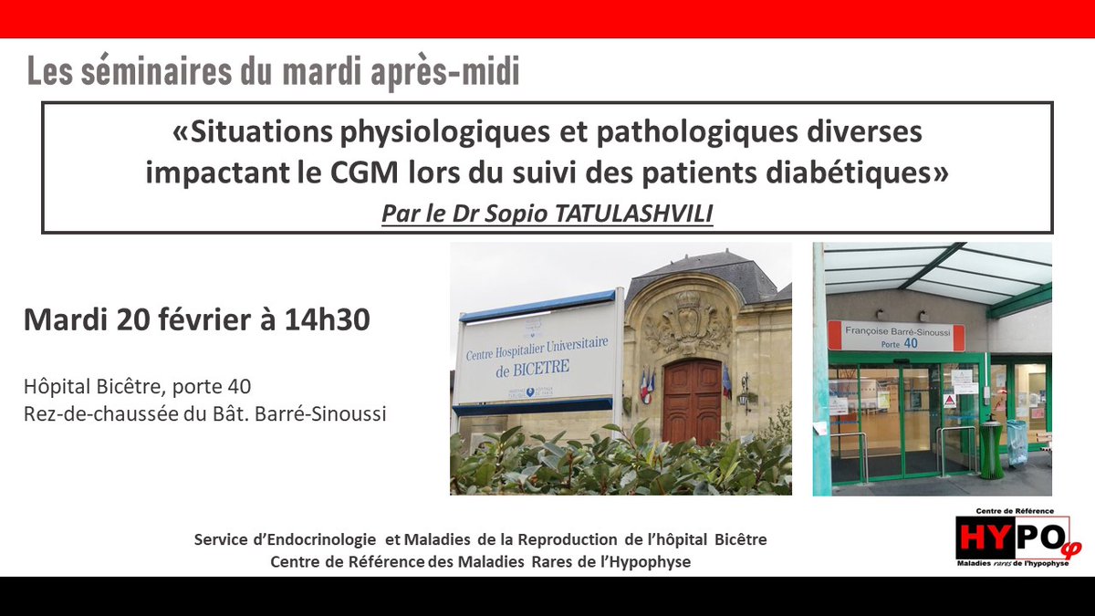 Séminaire d'#endocrinologie du mardi après-midi à @Hopital_Bicetre : demain le Dr Sopio TATULASHVILI (@Avicenne_RMuret) fera une présentation intitulée 'Situations physiologiques et pathologiques diverses impactant le CGM lors du suivi des patients diabétiques'. #diabetes