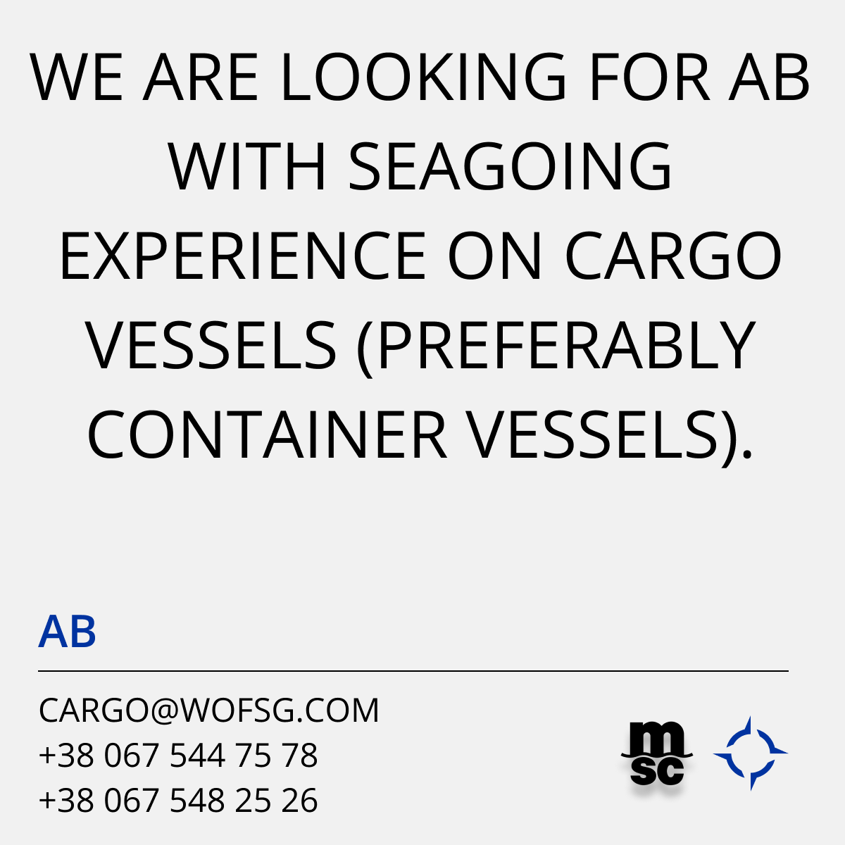 wofsg's tweet photo. We are looking for AB with seagoing experience on cargo vessels (preferably container vessels).

Details https://t.co/vYejAX50Kj

cargo@wofsg.com
+380675447578
+380675482526 https://t.co/FEy3QhQXqQ