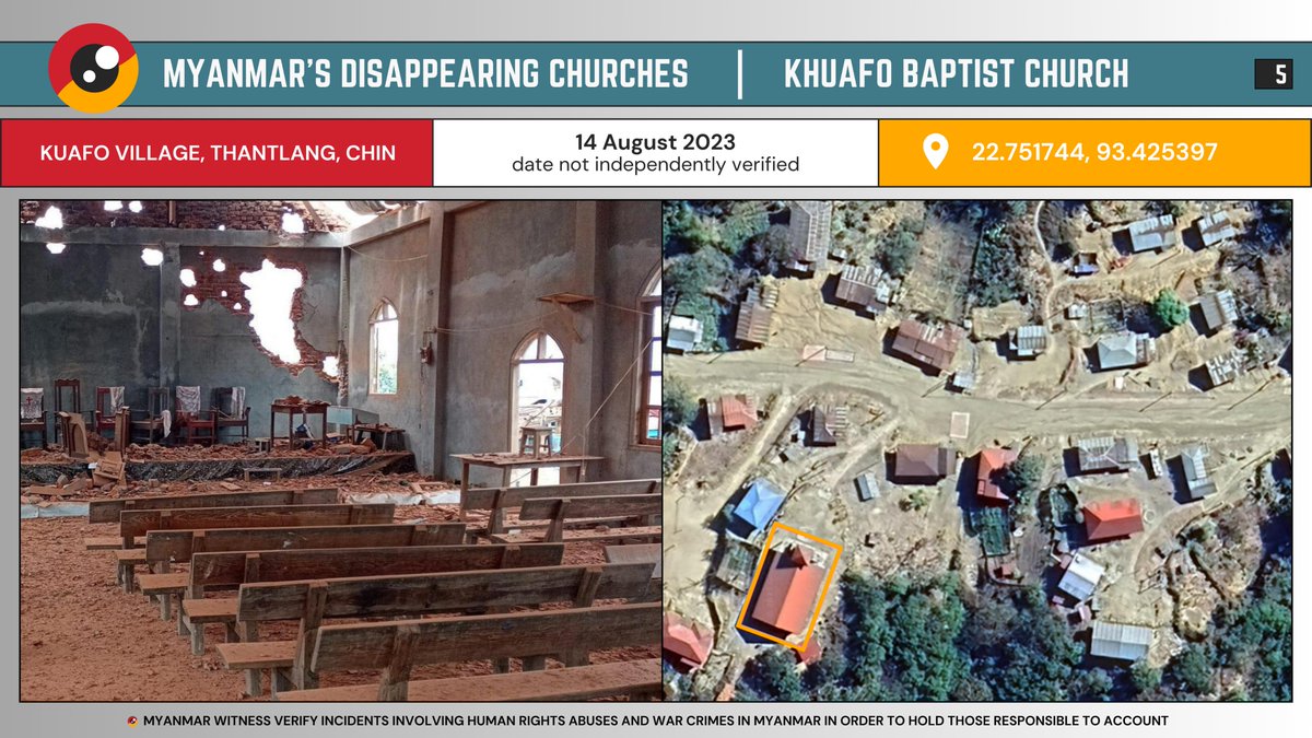 MyanmarWitness's tweet photo. ⛪️ Khuafo Baptist Church
☑️ Kuafo, Thantlang, Chin
☑️ 22.751744, 93.425397
14 August 2023 (not yet independently verified)

Churches across Chin State in Myanmar have been affected by the ongoing violence since the coup in February 2021. Reports of airstrikes, artillery attacks, raids and arson have been accompanied by footage showing extensive damage to places of worship.

Myanmar Witness analysed 10 claims of damage to churches in Chin between March and August 2023. In this series, “Myanmar’s Disappearing Churches”, we share case studies our team was able to geolocate. These examples indicate how the conflict is having a devastating impact on the cultural and religious landscape in Chin State.

Read more in our report: https://t.co/JcNBu9N3tu
More on this series: #MWChurches
More on Myanmar: #WhatsHappeninginMyanmar