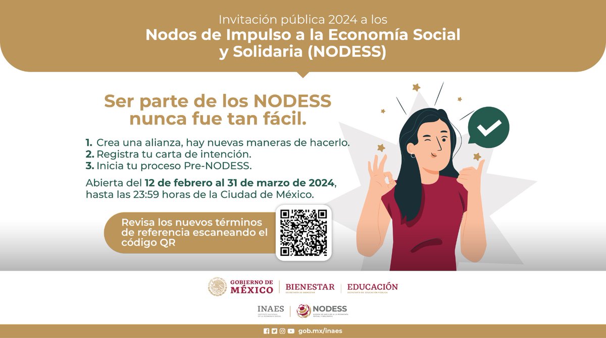 INAESMx's tweet photo. #INAES y la Subsecretaría de Educación Superior de la @SEP invitan a formar parte de la Red Nacional de NODESS a través de su invitación Pública 2024.🤓 Desde lo local intercooperaremos y promovamos un modelo económico con principios y valores diferentes. https://t.co/ZoI2OOEZeP