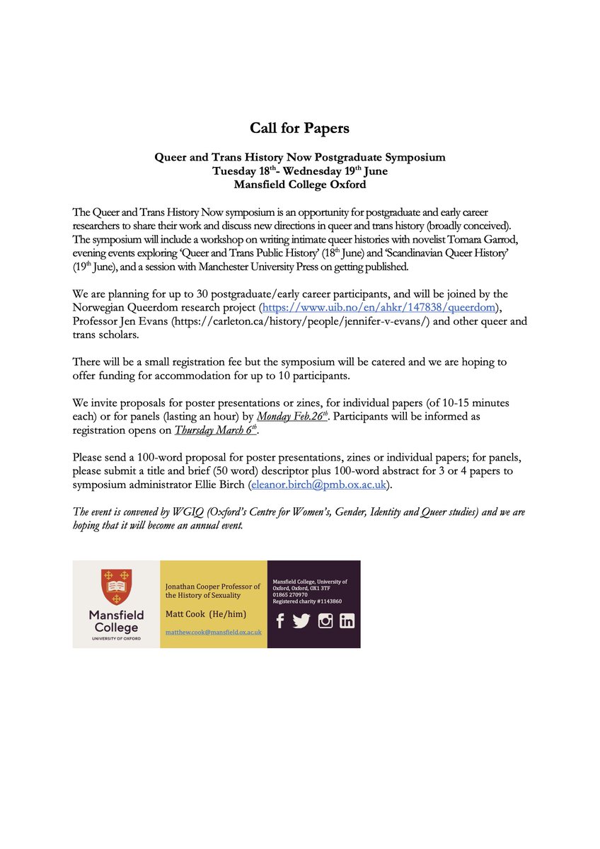 Call for Papers: QUEER AND TRANS HISTORY NOW Postgraduate Symposium - deadline 26th Feb #CFP #history #twitterstorians @OxfordHistory