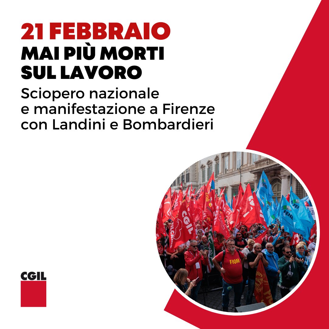 cgilnazionale's tweet photo. 🟥Mai più morti sul lavoro. Cgil e @UILofficial, #21febbraio sciopero nazionale e manifestazione a Firenze con #MaurizioLandini e @PpBombardieri 

▶️https://t.co/t97uE3dbcQ https://t.co/vasAOEFAQj