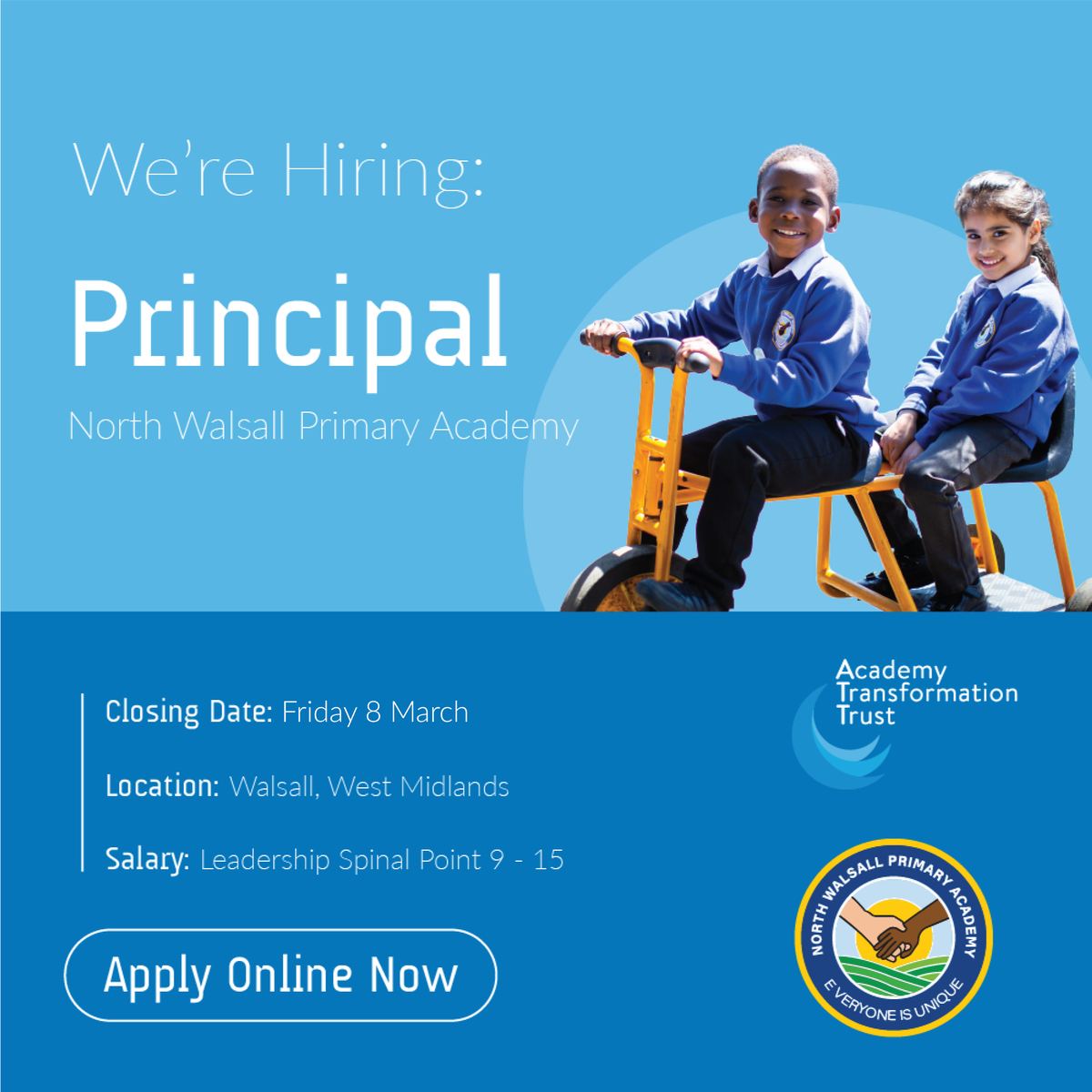 We're looking for a motivated and enthusiastic primary Principal to lead our amazing team at @NorthWalsall Think you're right for the job, or know someone who might be? Find out more and apply: eteach.com/careers/academ… #edujobs #westmidlands #primaryeducation #headteacher
