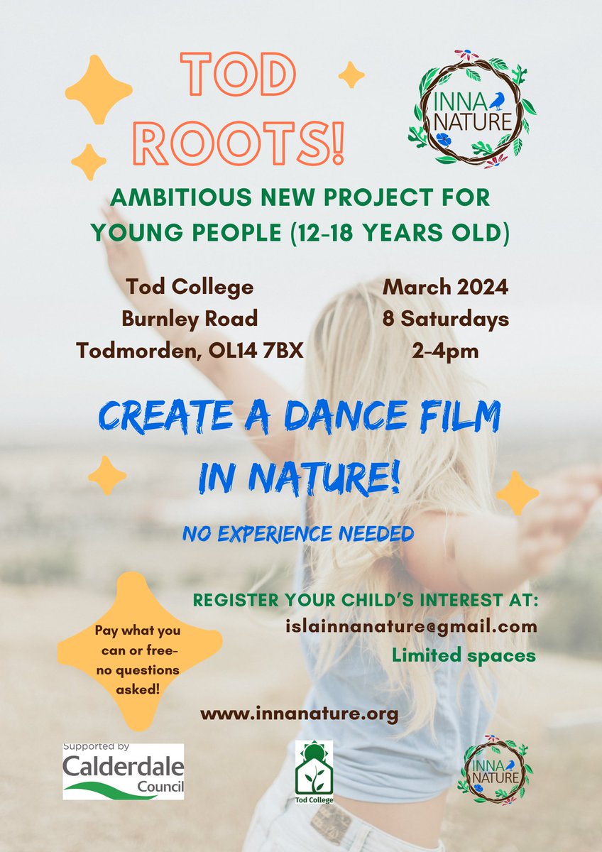 timeoutcalderdale (@timeoutcalder) on Twitter photo ⚡️Check out this new young people's eco-dance project in Todmorden!⚡️
🎬This is a unique opportunity for young people to work with prof dance artists & filmmakers at Inna Nature, creating a dance piece together involving nature & film!🌿
Register now- islainnanature@gmail.com ⚡️Check out this new young people's eco-dance project in Todmorden!⚡️
🎬This is a unique opportunity for young people to work with prof dance artists & filmmakers at Inna Nature, creating a dance piece together involving nature & film!🌿
Register now- islainnanature@gmail.com
