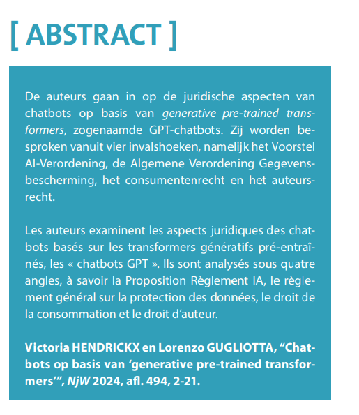 Hendrickx_Vic's tweet photo. Delighted to announce our latest publication in #NJW exploring the legal aspects of #GPTchatbots from four perspectives: AI Act, GDPR, consumer law and copyright law.
https://t.co/TdBXKaEwhA
Disclaimer: the first section requires updating in light of the approval of the #AIA https://t.co/Wude1ydQ3d