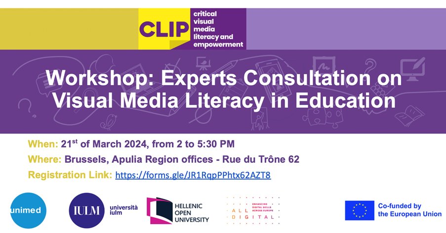 AllDigitalEU's tweet photo. 📣Join us in Brussels on March 21st, 2024, 2-5:30 PM, at Apulia Region offices for the "Experts Consultation on Visual Media Literacy in Education" event. 🤝
Presentations on the #CLIP project, and engaging Roundtables.
✍️ Registration Link:
https://t.co/HTCdT0JO3x https://t.co/D8RD2HseBa
