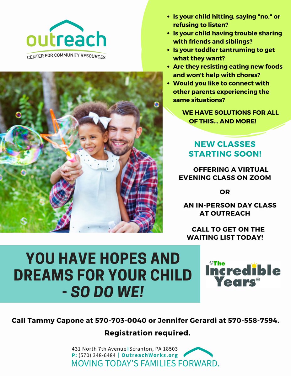 Would you like to strengthen your relationships in your family? Our Incredible Years program can help you do just that.

A new round of classes will begin in March.

Call today to register: 570-703-0040 or 570-558-7594.
#Parenting #FamilyStability #SupportiveServices #Community