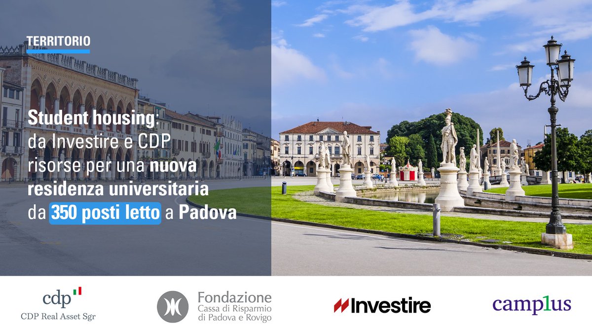 Una nuova residenza universitaria a #Padova, di 8.900 metri quadrati, offrirà 350 posti letto a #studenti e giovani professionisti. È il progetto del Fondo iGeneration, di #InvestireSGR e #CDPRealAsset. Partner locale è <a href="/FondCariparo/">Fondazione Cariparo</a>. 👇
➡️ bit.ly/CDP_StudentHou…