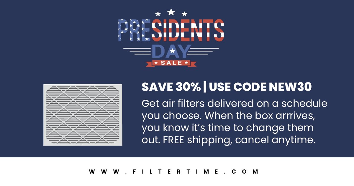 FilterTime's tweet photo. 🎉🇺🇸 Celebrate President's Day with our exclusive sale! 🎉 Get your air filters delivered right to your doorstep on a schedule that suits YOU.
https://t.co/0S5vOaB2IV 🏠🌬️
#PresidentsDaySale #CleanAir #FilterTime https://t.co/OA55ostyOM