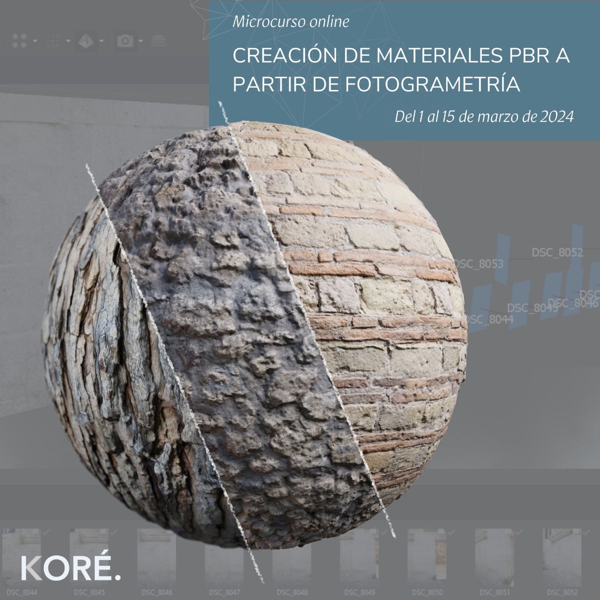 A partir del día 1 de marzo no te pierdas nuestro próximo microcurso #online, con el que podrás aprender a crear materiales PBR a partir de fotogrametría para texturizar de forma realista tus escenas 3D. Más información y matrícula: koreformacion.com/curso/microcur…