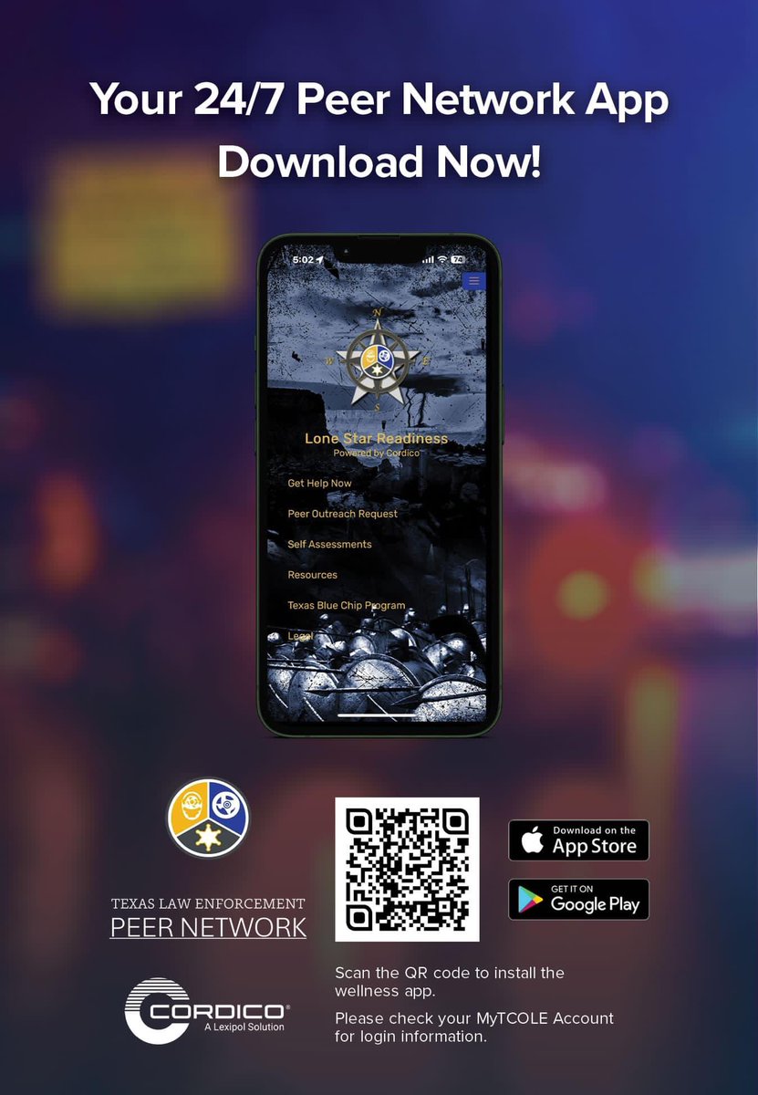TCOLE's tweet photo. The new Texas Law Enforcement Peer Network (TLEPN) mobile app has officially launched!

Scan the QR code below &amp; download today! 

@TLEPeerNetwork 

#MentalHealthMatters https://t.co/hcpRBn2hTo
