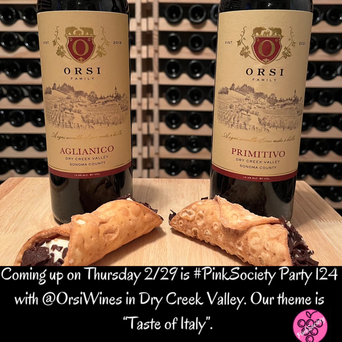 Coming up on Thursday 2/29 is #PinkSociety Party 124 with @OrsiWines in Dry Creek Valley. Our theme is “Taste of Italy” which includes Italian wine, food or both. @boozychef @jflorez @vdebrunner @RedWineCats @Kerryloves2trvl @johnoosterhouse