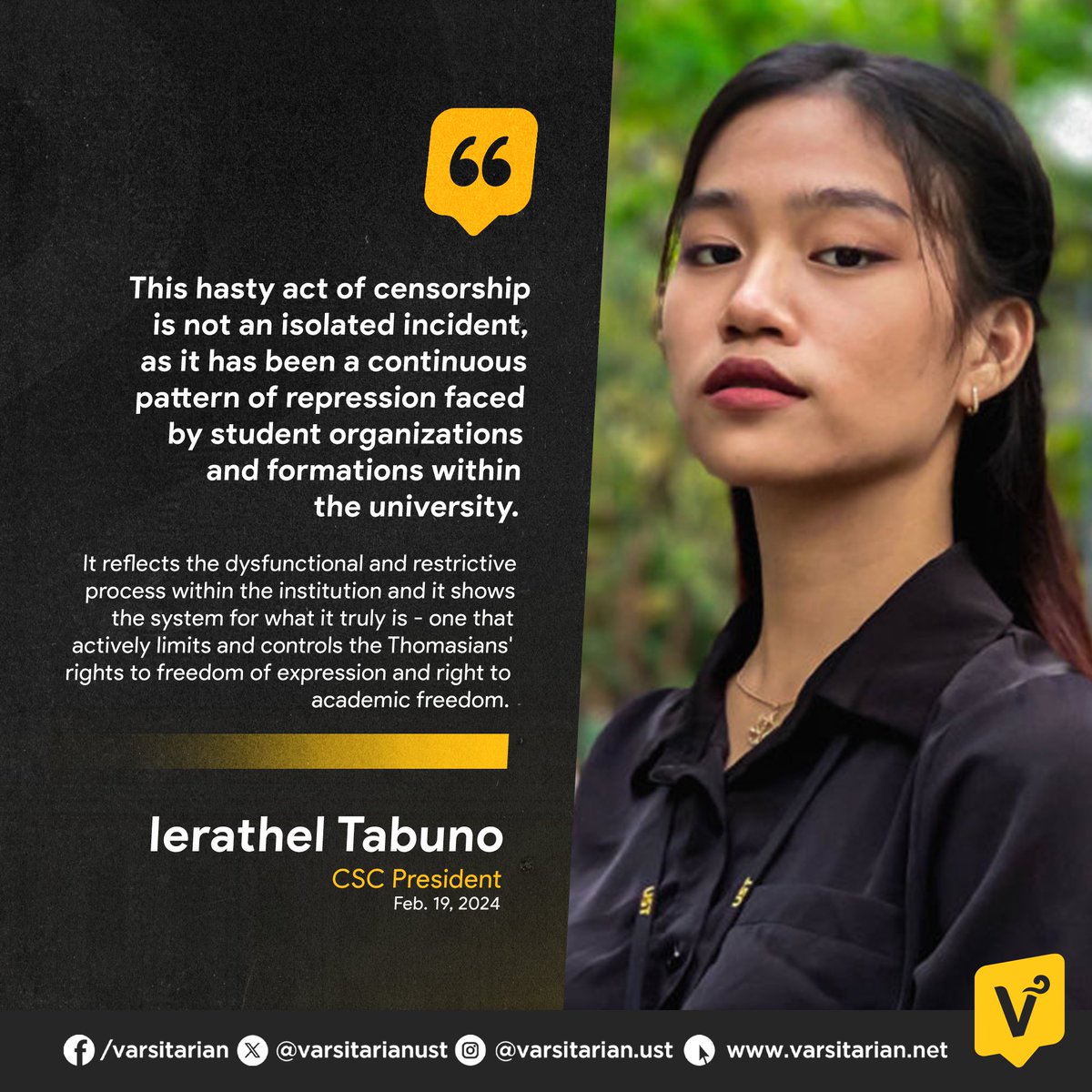 'NOT AN ISOLATED INCIDENT' 

In a post on her personal X (formerly Twitter) account, CSC President Ierathel Tabuno says the directive from the Office for Student Affairs to delete TomasinoWeb's photo of CICS students was not an isolated incident. She described it as part of a
