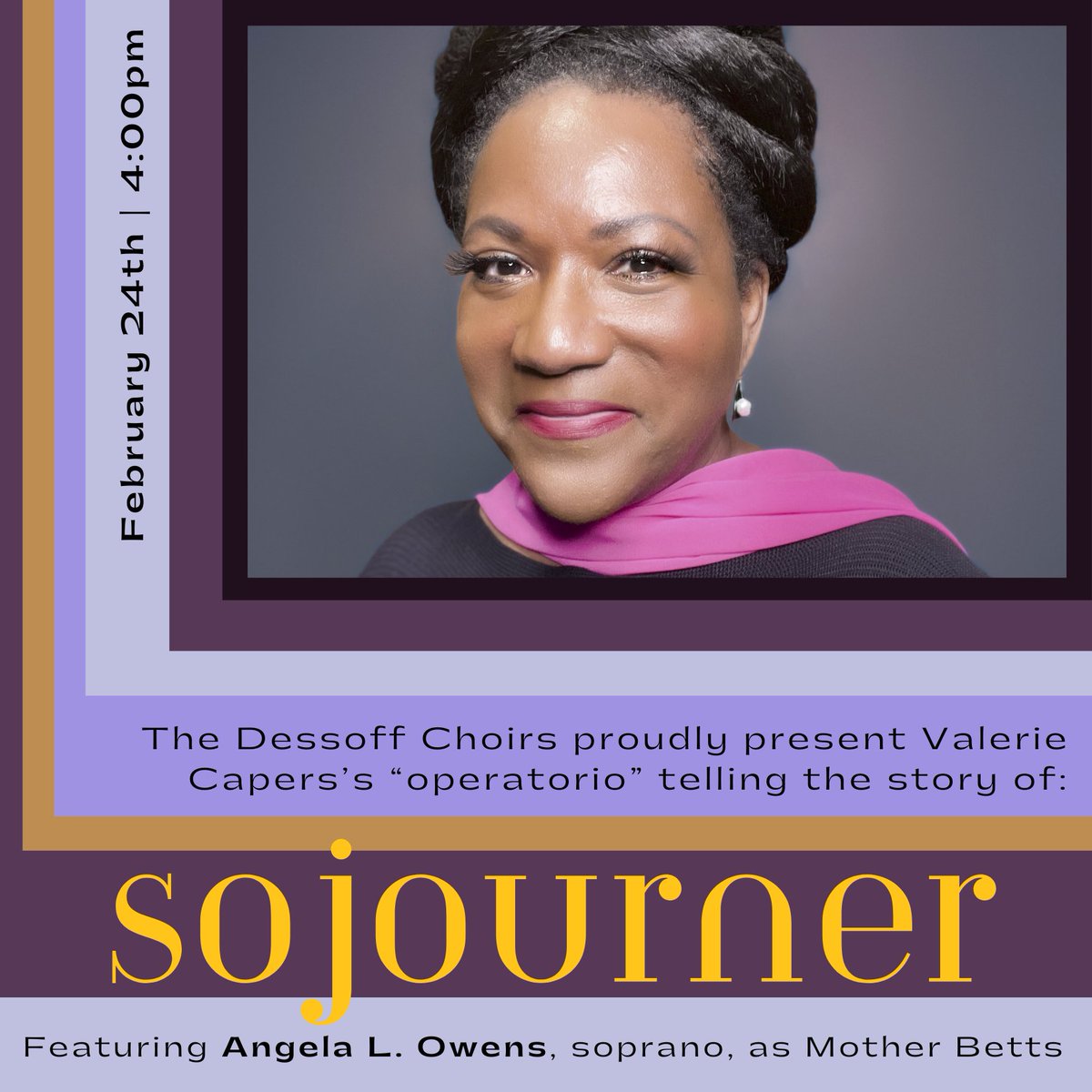 We are delighted to have Angela L. Owens, soprano, as one of our soloists for Valerie Capers's "operatorio" Sojourner on Saturday, February 24, 2024, at 4:00 pm at Union Theological Seminary. Learn more and purchase tickets: dessoff.org/events/sojourn…