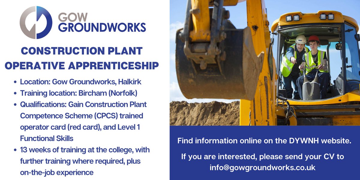 ⚙️Apprenticeship Opportunity: Construction Plant Operative
🔵 Gow Groundworks 📍 Halkirk

Gow Groundworks is recruiting for Construction Plant Operative Apprentices!

👉 For more information/to apply: ow.ly/iBVb50QF8az