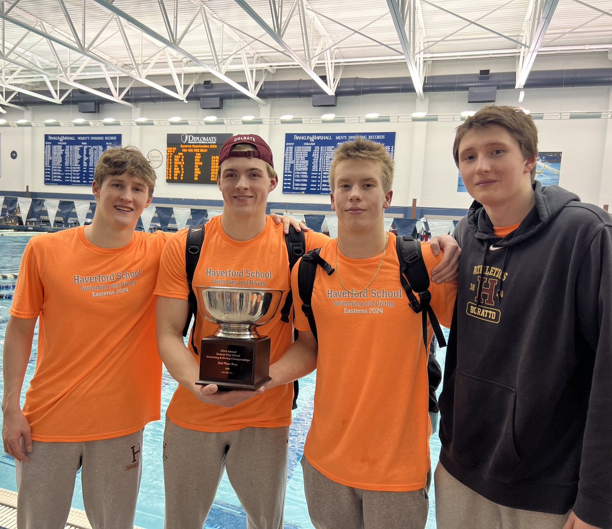 <a href="/FordsSwimming/">Fords Swimming</a> 200 Medley Relay team of Zack Oswald, Henry Newhall, Max Marr, and Evan Boratto, bring home Gold to open 2024 Easterns with a first place finish in a new School record time of 1:30:93