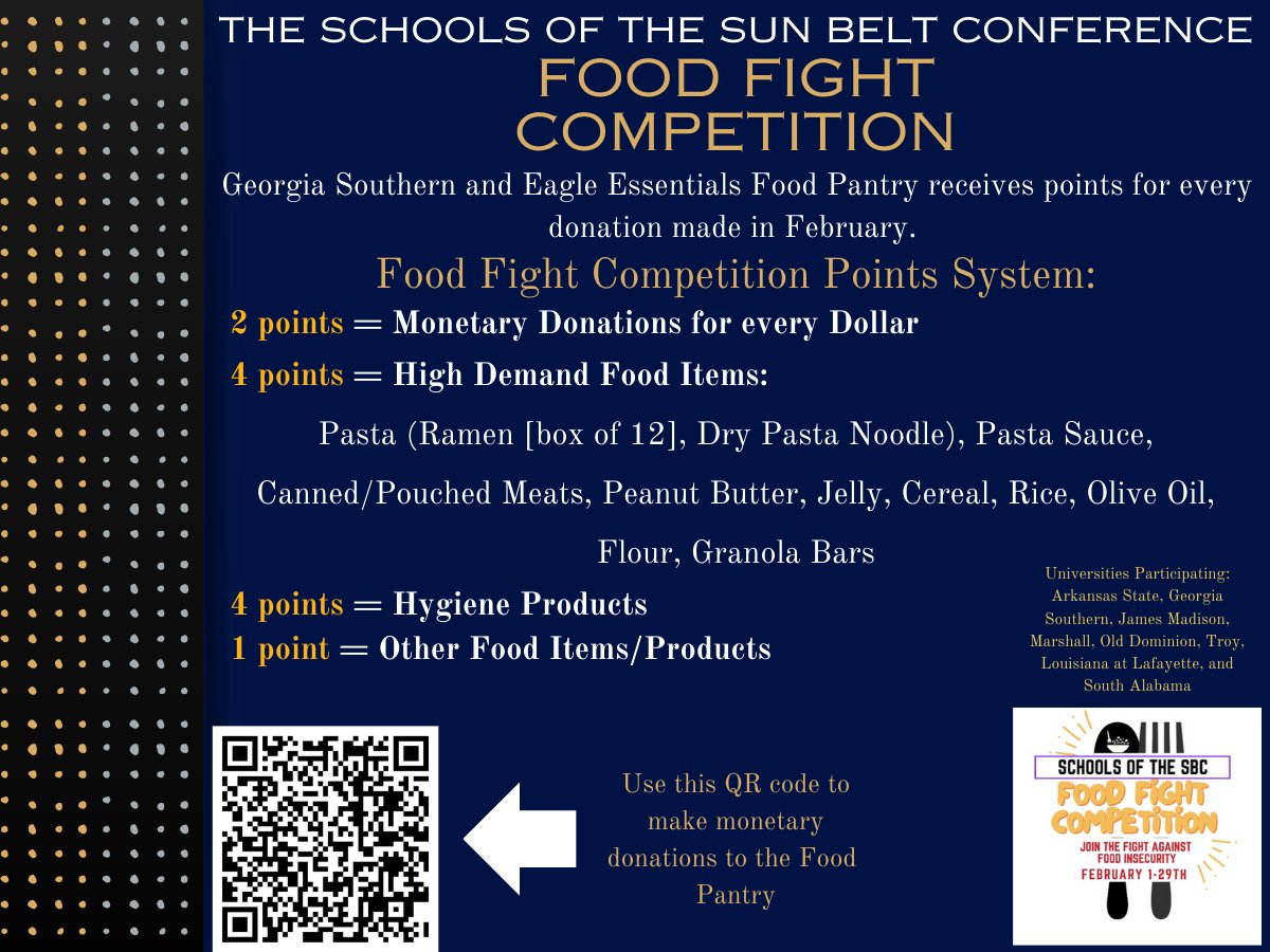 GsuDean's tweet photo. There are 10 days left in the Food Fight Competition and Georgia Southern is currently in third place! 
That's 10 more days to bring your donations to the Dean of Students Office on either campus or the Eagle Essentials Food Pantry to help us beat Arkansas State &amp; James Madison! https://t.co/M8B9k7mory