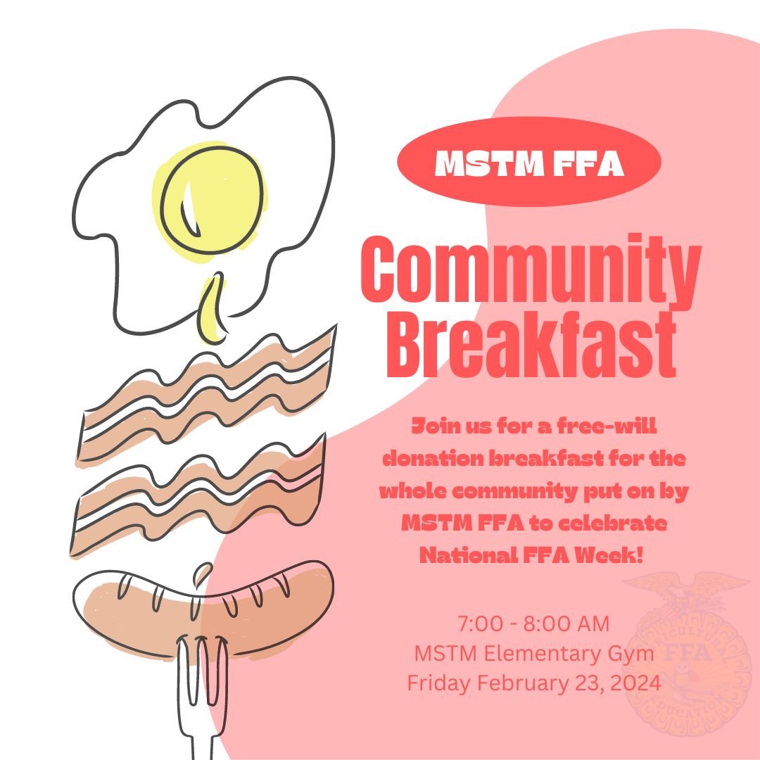MSTM_FFA's tweet photo. Join us this Friday for our free-will donation breakfast to celebrate National FFA week! We can’t wait to see you and let you know what we’ve been up to and what our plans are for the future! https://t.co/EhmH8XRc9N