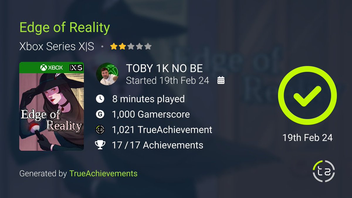 1kToby's tweet photo. Completion 722/723/724 #EdgeOfReality
🎮 EASY
⏰ 8 mins

3 versions available. X/S, One and windows. Text based novel adventure. No idea what the story is about as skipped text. Used @Lordacris’s walkthrough which was super easy to follow.

⭐️⭕️⭕️⭕️⭕️ https://t.co/FDKDbqzyIU