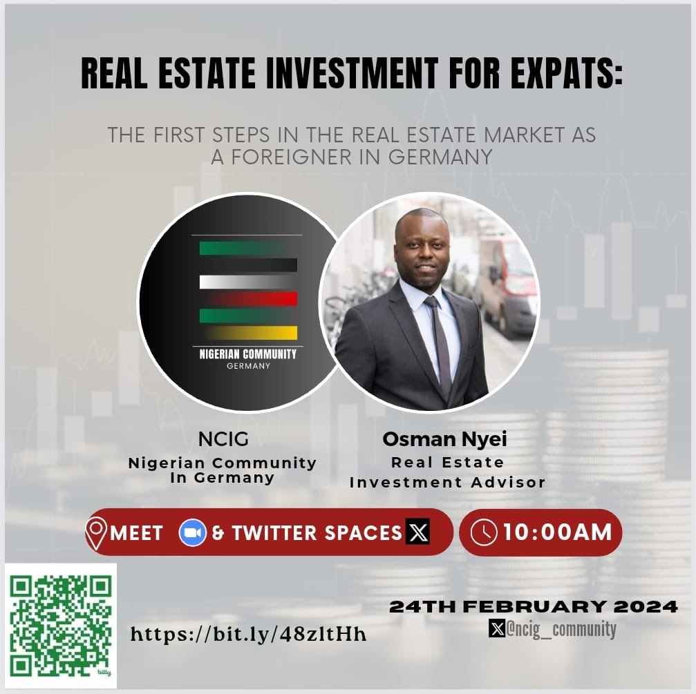 Ncig_community's tweet photo. Hello Everyone,

Exciting news🥳 NCIG is kicking off the year with its first event(A REAL ESTATE INVESTMENT Meeting On The 24th February 2024).
This event is not exclusive to expats; everyone is welcome! 

Date: 24th February 2024
Time: 10am

Your Team,
NCIG. https://t.co/wN3VuumuvO