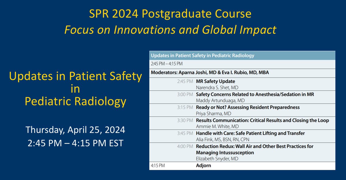 Everything you need to know about #PatientSafety, from #sedation to #managingintussusception. #HandleWithCare #imagingourfuture #SPR24 Miami @SocPedRad @ESPRSociety @AparnaJoshiMD @MArtunduagaMD @LizzieSnyderMD Full program: spr.org/events/spr2024p