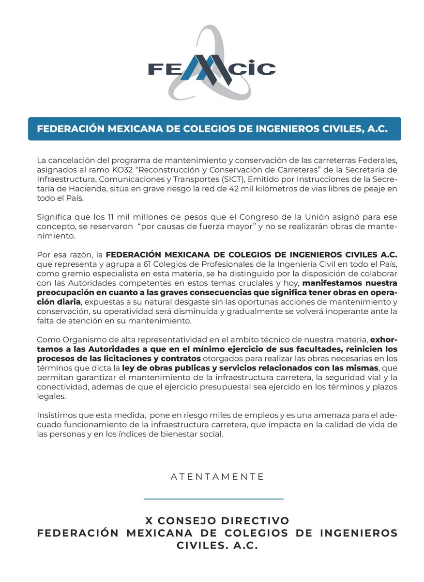 FEMCIC1's tweet photo. Importante 📢

Compartimos el posicionamiento del gremio nacional de la ingeniería civil, sobre la cancelación del programa de mantenimiento de carreteras. 

Consideramos como graves las decisiones del @GobiernoMX , que ponen en riesgo la infraestructura  y miles de empleos. https://t.co/BeC4Sw79kk