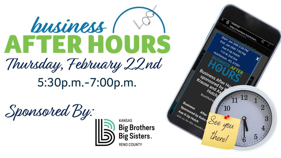 Our next Business After Hours is coming up this week!  We hope to see you there.  Thank you to our sponsor Big Brothers Big Sisters Reno County, and our host AS Designed Co. located at 4 S. Main Street.  
#businessafterhours #ChooseHutch
fb.me/e/1Rg3qaDWr
